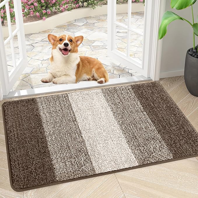 Smiry Dog Door Mat for Muddy Paws, Absorbs Moisture and Dirt, Low-Profile Entryway Mat with Non-Slip Backing, Entry Indoor Outdoor Doormat for Inside Floor (34x21 Inches, Light Brown, Striped)