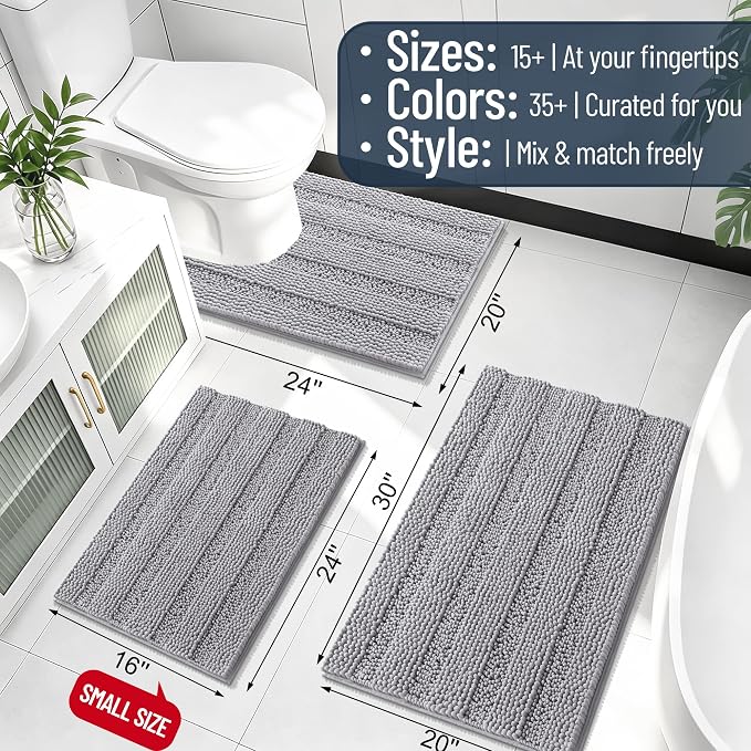 Smiry Thick Chenille Bathroom Rugs 36x24, Extra Soft Absorbent Striped Bath Mat, Machine Washable, Rubber Backing, Bath Rugs for Tub & Shower, Modern Home Decor Accessories, Grey