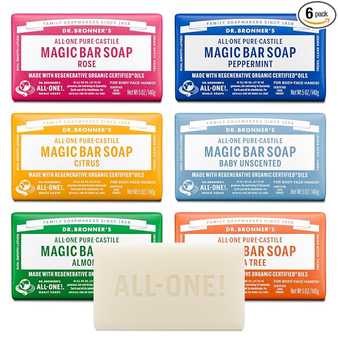 Dr. Bronner's Pure-Castile Magic Bar Soaps (5 Ounce Variety Gift Pack) Almond, Unscented, Lavender, Peppermint, Citrus, Rose - Made with Regenerative Organic Certified Oils, Vegan, Non-GMO