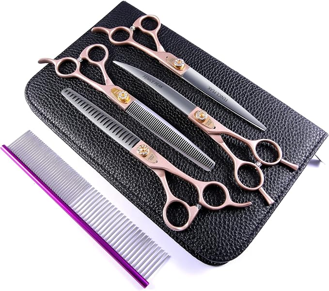 7.5'' Professional Dog Grooming Scissors Set Rose Gold 440C Stainless Steel Straight Thinning Curved Chunker Shears 4pcs Set for Pet Grooming Services Dogs and Cats