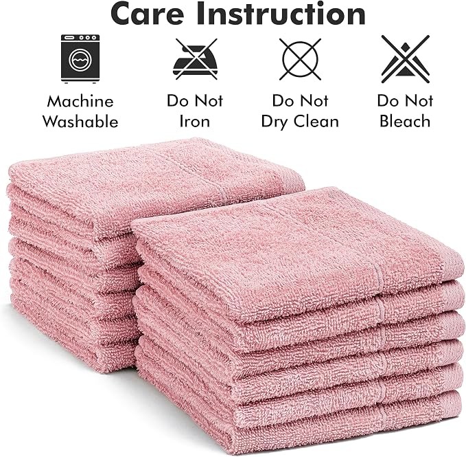 Face Towels Pack of 12 – 100% Cotton Wash Cloths (12x12 inch) – 550 GSM Soft, Quick Dry & Highly Absorbent Ring Spun Cotton Towels for Bathroom, Spa, Gym, Kitchen and for Daily Use - (Baby Pink)