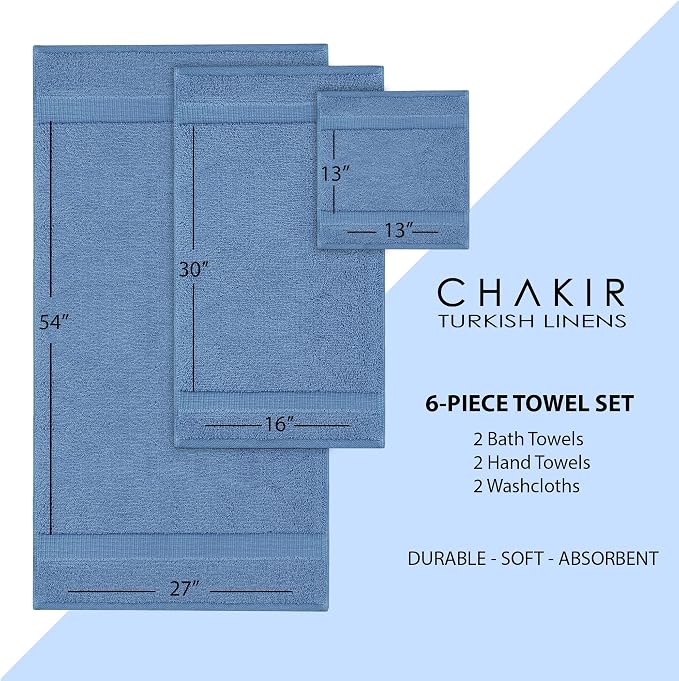 Chakir Turkish Linens 6 Piece Towels Set, 100% Cotton Luxury Turkish Towels for Bathroom, Soft Absorbent Bath Towel Set with 2 Bath Towels 2 Hand Towels 2 Washcloths, Wedgewood