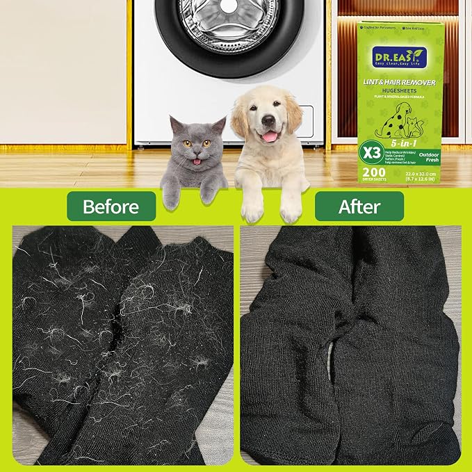 Dr.Easy LINT & HAIR REMOVER Pet HUGESHEETS with 3X Dryer Sheets, Outdoor Fresh, 200 Count,PLANT&MINERAL-BASED FORMULA