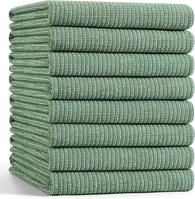 Mordimy Premium Kitchen Towels 8 Pack (18 x 28 Inches, Grass Green), Large Cotton Kitchen Hand Towel, Flat & Terry Dish Towels for Drying Dishes, Super Absorbent Tea Dishtowels Set with Hanging Loop