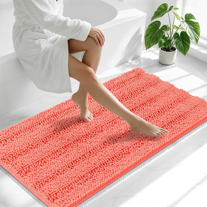 Smiry Thick Chenille Bathroom Runner Rugs 47x24, Extra Absorbent Striped Bath Mat, Machine Washable, Rubber Backing, Long Bath Rugs for Tub & Shower, Modern Home Decor Accessories, Coral