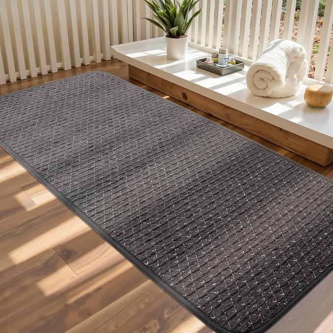 Black Bathroom Runner Rugs Non Slip Absorbent Quick Dry Thin Bath Mat with Rubber Backing, Shower Mats Fit Under Door Floor Bathtub, Easy Care, Machine Washable, 17"x 47", Black