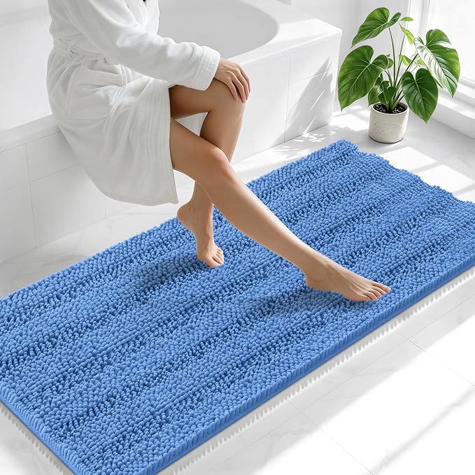 Smiry Thick Chenille Bathroom Runner Rugs 59x24, Absorbent Striped Bath Mat, Machine Washable, Rubber Backing, Extra Long Bath Rugs for Tub & Shower, Modern Home Decor Accessories, Cornflower Blue