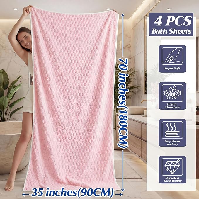 Peryiter 4 Pcs Extra Large Bath Towels Set 35 x 70 Inches Coral Fleece Oversized Bathroom Towel Quick Dry and Absorbent Bath Sheet for Bathroom Shower Gym Beach Yoga Sport Spa(Pink,Blue,Green,Purple)