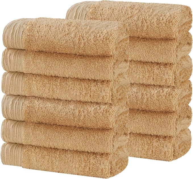 Superior Rayon from Bamboo Blend Face Towel/Washcloth Set, Luxury Quick Dry, Small Facial Towels, Spa, Hotel, Home, Bathroom Basics, Plush Soft Absorbent, Luxury Quick Drying, Set of 12, Gold