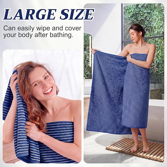 6 Pcs Oversized Bath Towels for Adults 35x70 Inches Blue & White Striped Extra Large Bath Towel Sets Bathroom Sheets Jumbo Shower Towels Quick Dry Absorbent Soft Microfiber for Women Men