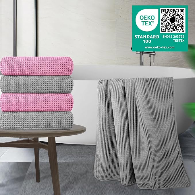 POLYTE 430 GSM Microfiber Oversize Quick Dry Lint Free Bath Towel, 60 x 30 in, 4 Pack (Waffle Weave)