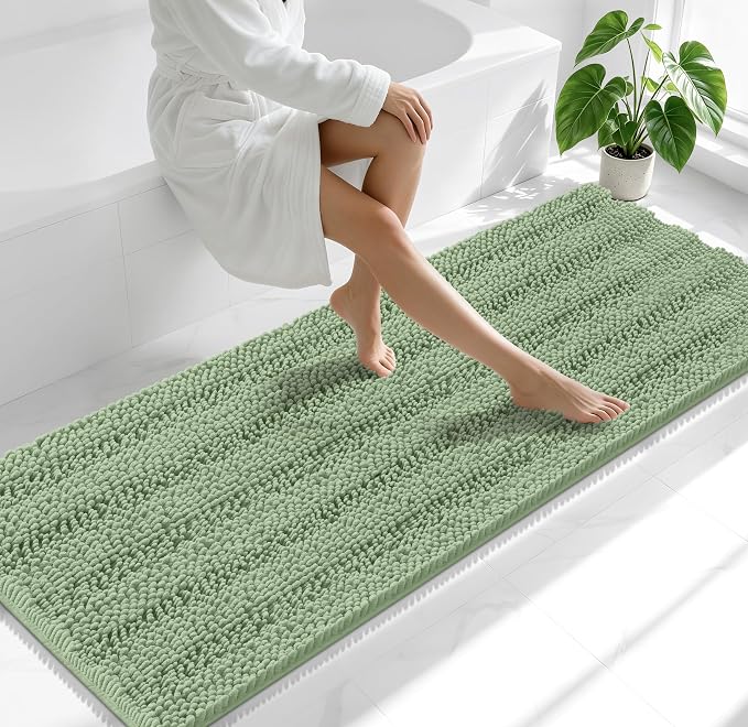Smiry Thick Chenille Bathroom Runner Rugs 70x24, Absorbent Striped Bath Mat, Machine Washable, Rubber Backing, Extra Long Bath Rugs for Tub & Shower, Modern Home Decor Accessories, Sage Green