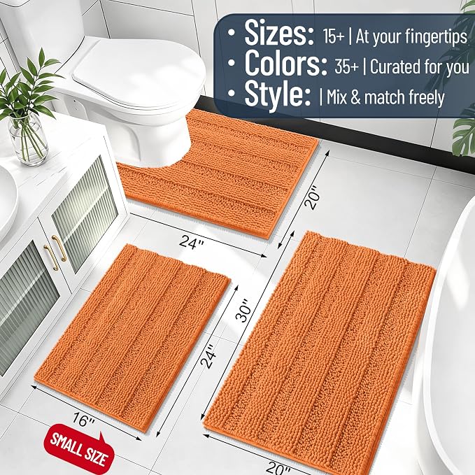 Smiry Thick Small Chenille Bathroom Rugs 24x16, Extra Soft Absorbent Striped Bath Mat, Machine Washable, Rubber Backing, Bath Rugs for Bathroom, Tub & Shower, Modern Home Decor Accessories, Clay