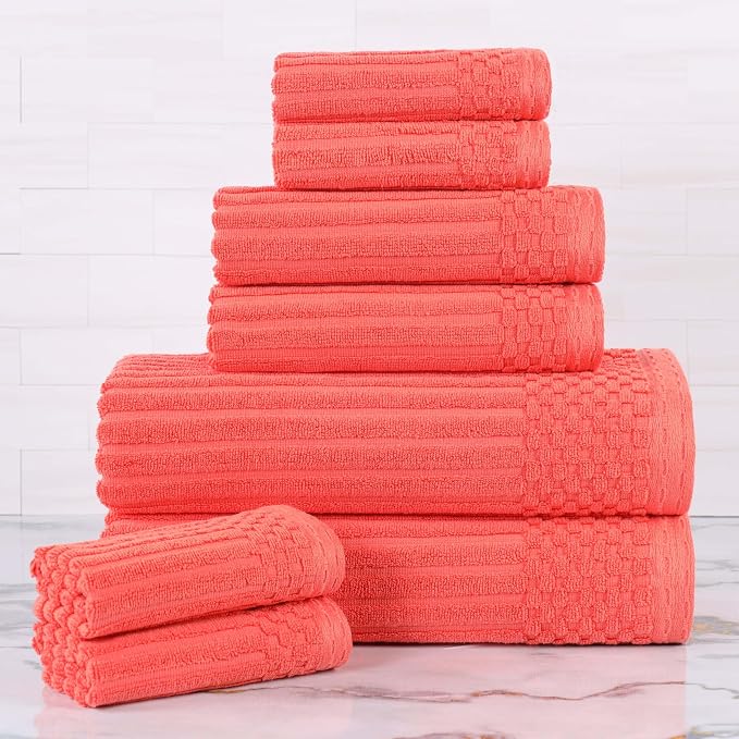Superior Cotton 8-Piece Solid and Ribbed Towel Set, Face Towels 13” x 13”, Hand Towels 16” x 28”, Bath Towels 27” x 54”, Coral