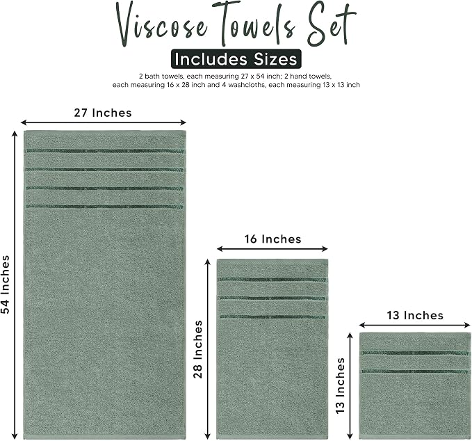 Luxury Towels for Bathroom Set of 8-2 Bath Towels 2 Hand Towels 4 Washcloths - 600 GSM 100% Cotton Ring Spun Viscose Border Towels Set - Sage Green
