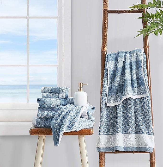 Nautica - Bath Towel Set, Cotton Bath, Hand & Washcloths, Plush, Absorbent & Quick-Dry, Chevron Print, Americana Decor, Set of 6, Zane Blue