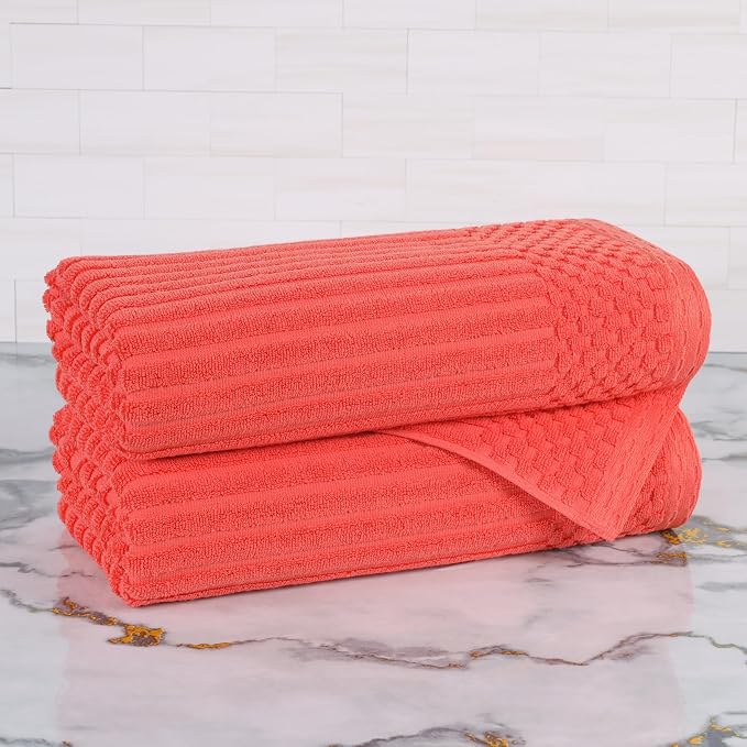 Superior Cotton 2-Piece Solid and Ribbed Bath Towel Set, Bath Towels- 27" x 54", Coral