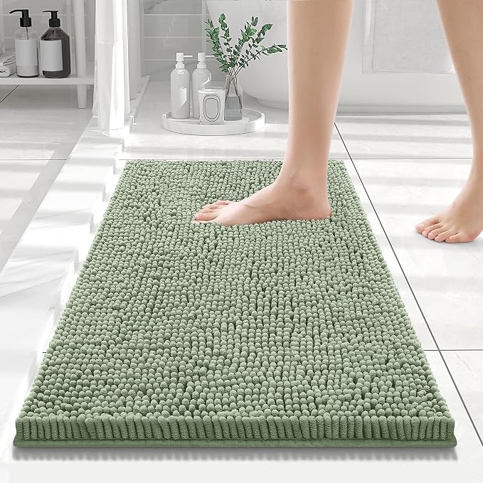 Smiry Luxury Chenille Bathroom Rugs 24x16, Extra Soft and Absorbent Shaggy Bath Mat, Machine Washable, Non-Slip Plush Carpet Runner for Tub, Shower, and Floor, Home Decor Accessories, Sage Green