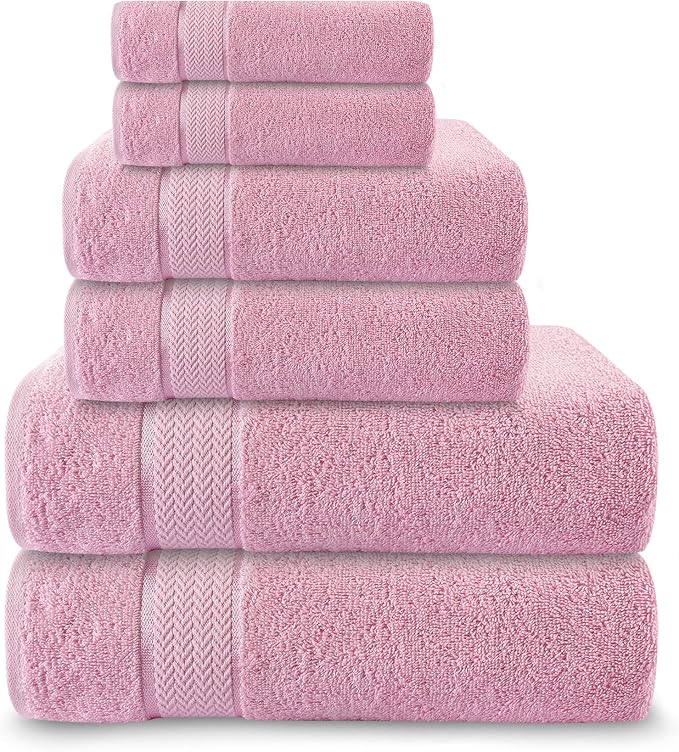Luxury Cotton Bath Towel Set - 6 Piece - Pink - 100% Cotton - Quick Dry, Absorbent, Plush, Soft - Home, Hotel, Pool, Shower Towels