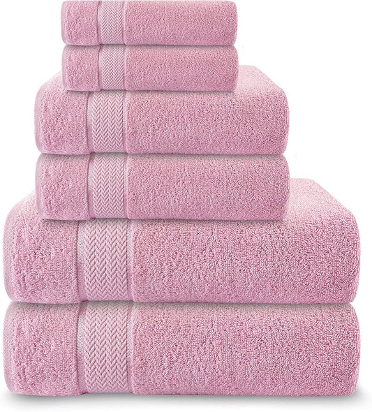 Luxury Cotton Bath Towel Set - 6 Piece - Pink - 100% Cotton - Quick Dry, Absorbent, Plush, Soft - Home, Hotel, Pool, Shower Towels