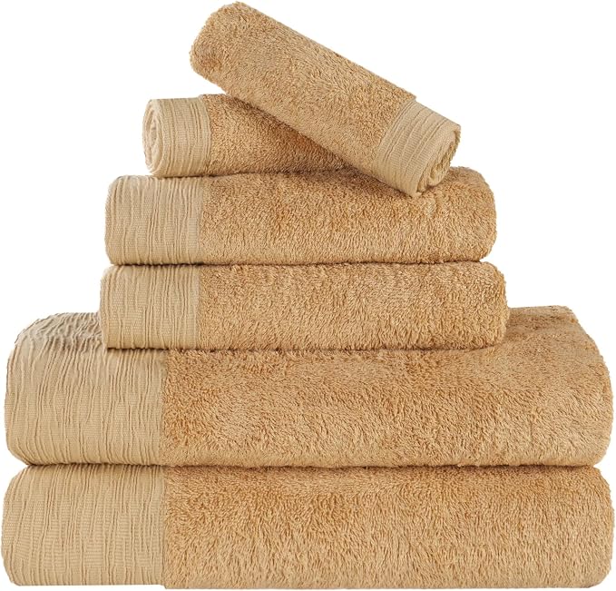 Superior Rayon from Bamboo Blend 6-Piece Towel Set, Luxury Quick Dry, Bathroom Essentials, Shower, Spa, Plush Soft Absorbent Towels, Includes 2 Bath, 2 Hand, 2 Washcloth/Face Towels, Gold