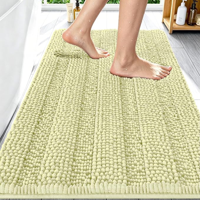 Smiry Thick Chenille Bathroom Rugs 30x20, Extra Soft Absorbent Striped Bath Mat, Machine Washable, Rubber Backing, Bath Rugs for Bathroom, Tub & Shower, Modern Home Decor Accessories, Vanilla