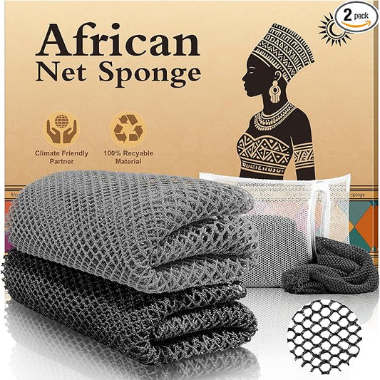 Authentic African Net Sponge - 2 Pieces Deep Clean Exfoliator - Premium Fabric, Gentle Exfoliation for Body & Shower Use (Gray & Black)