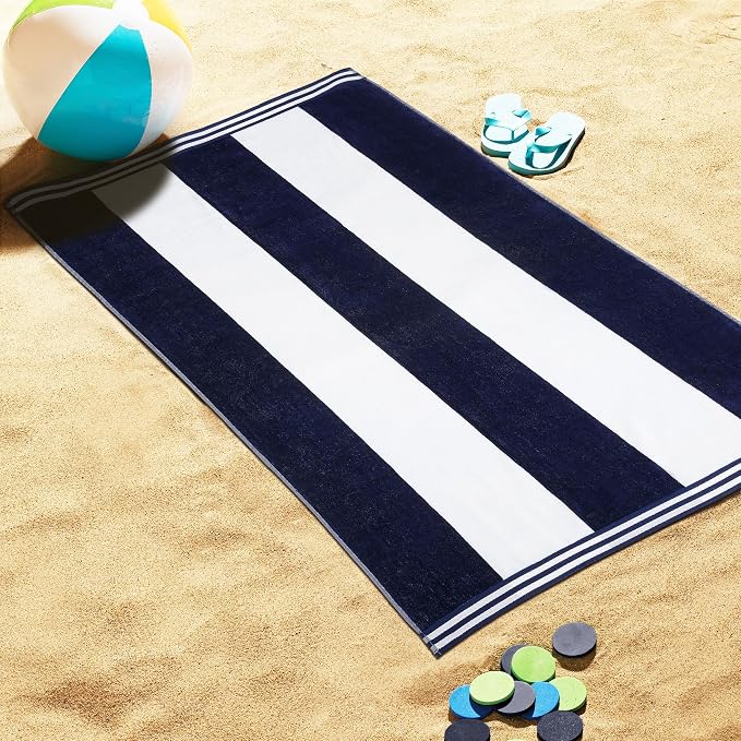 Superior Cotton Nautical Stripe Beach Towels, Colorful Towels for Adult, Kid, Pool, Swimming, Sand, Travel, Large Oversized, Absorbent, Fast Drying, Bath Basics, Cabana Collection, 1 Piece, Blue