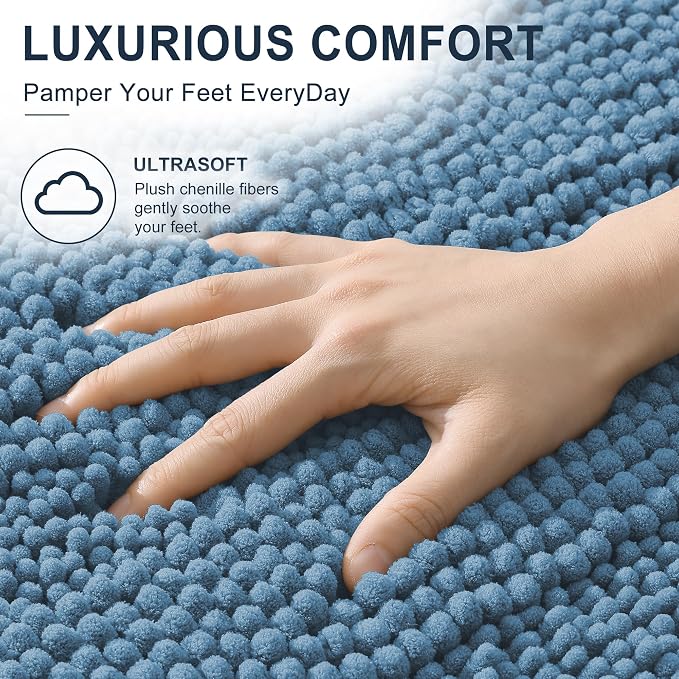 Smiry Thick Chenille Large Bathroom Rugs 59x35, Extra Soft Absorbent Striped Bath Mat, Machine Washable, Rubber Backing, Bath Rugs for Bathroom, Tub & Shower, Home Decor Accessories, Airy Blue
