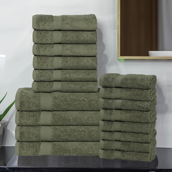 Superior 18-Piece Cotton Assorted Towel Set, Includes 8 Face Towel, 6 Hand, and 4 Bath Towels, Home, Bathroom, Guest Bath Essentials, Quick Dry, Absorbent, Franklin Collection - Forest Green