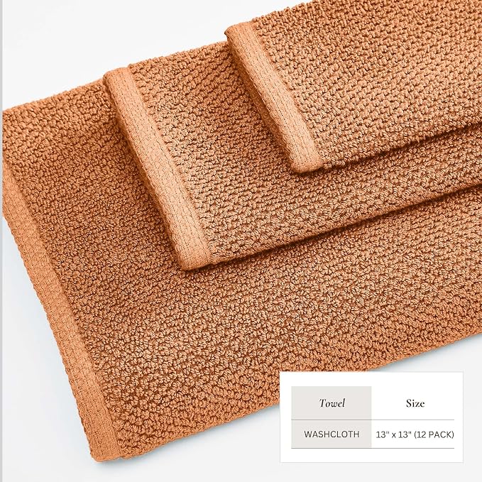 Great Bay Home 100% Cotton 12-Pack 13x13 Wash Cloth - Absorbent, Quick-Drying, Durable Face Towels for Bathroom Decor - Low-Twist, Two-Ply Fibers (Clay)