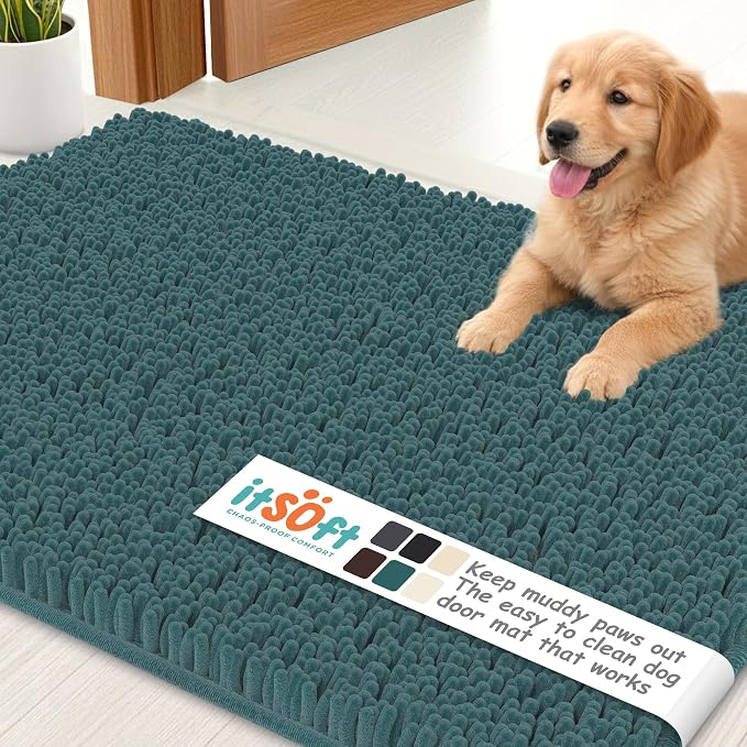 Dog Rugs for Muddy Paws 34x21 | Cleaner Mud Free Floors | Muddy Dogs Mats for Indoor, Dog Mat for Muddy Paws Door Mat Washable, Absorbent Chenille Mud Room Rug Paw Matt w/ Non Slip Backing, Teal