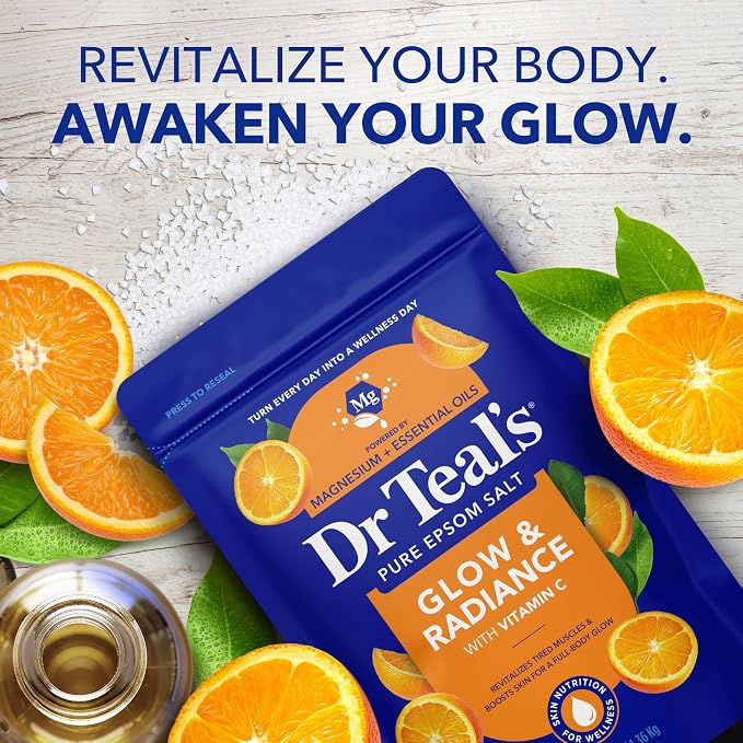 Dr Teal's Epsom Salt Magnesium Soak, Glow & Radiance with Vitamin C & Citrus Essential Oils, 3 lbs (Pack of 4)
