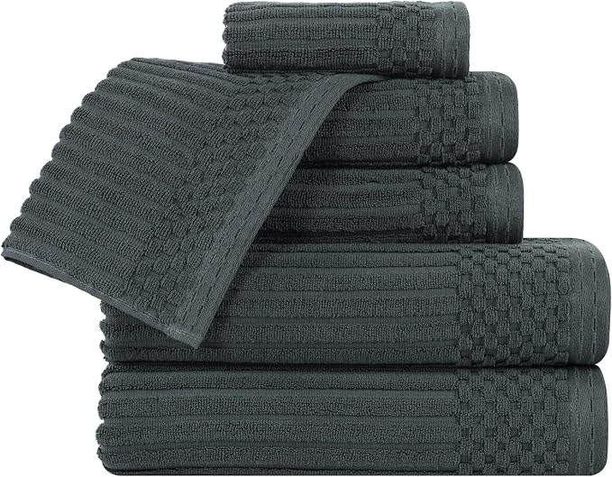 Superior Cotton 6-Piece Solid and Ribbed Towel Set, Face Towels 13” x 13”, Hand Towels 16” x 28”, Bath Towels 27” x 54”, Pine by Superior