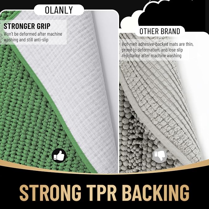 OLANLY Thick Bathroom Rugs 30x20, Extra Soft Absorbent Chenille Bath Rugs, Rubber Backing, Machine Wash Dry, Bath Mats for Bathroom Floor, Tub and Shower, Home Decor Accessories, Olive Green