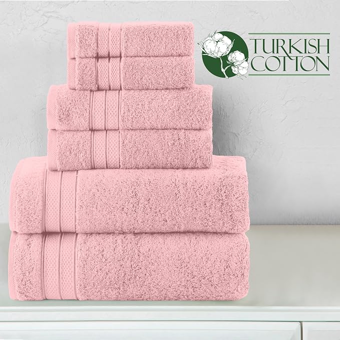 Elegant Comfort Luxury 6-Piece Towel Set, Premium Soft 100% Turkish Cotton, Three Line Popcorn Design 2 Bath Towels, 2 Hand Towels and 2 Washcloths Towel Set - Quick-Drying and Absorbent, Dusty Pink