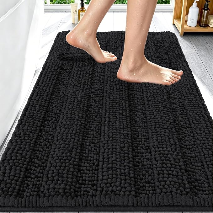 Smiry Thick Chenille Bathroom Rugs 30x20, Extra Soft Absorbent Striped Bath Mat, Machine Washable, Rubber Backing, Bath Rugs for Tub & Shower, Modern Home Decor Accessories, Black