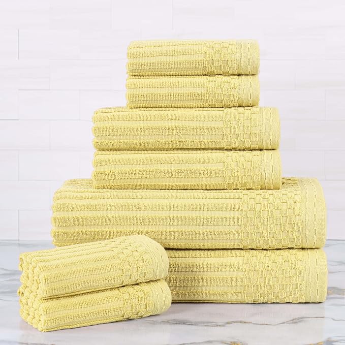 Superior Cotton 8-Piece Solid and Ribbed Towel Set, Face Towels 13” x 13”, Hand Towels 16” x 28”, Bath Towels 27” x 54”, Golden Mist