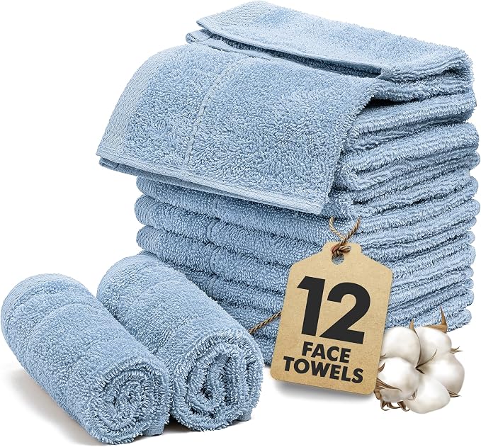 Face Towels Pack of 12 – 100% Cotton Wash Cloths (12x12 inch) – 550 GSM Soft, Quick Dry & Highly Absorbent Ring Spun Cotton Towels for Bathroom, Spa, Gym, Kitchen and for Daily Use - (Sky Blue)