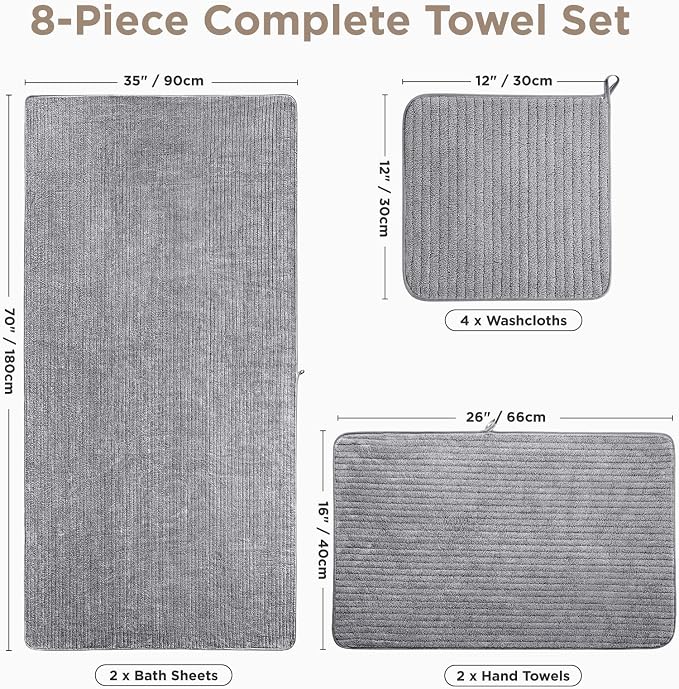 Oversized Bath Towels 8 Piece Towel Set, 2 Extra Large Bath Sheets, 2 Hand, 4 Washcloths, Luxury Soft Super Absorbent Thick Shower Towels for Bathroom, Spa & Hotel, Quick Dry, Grey