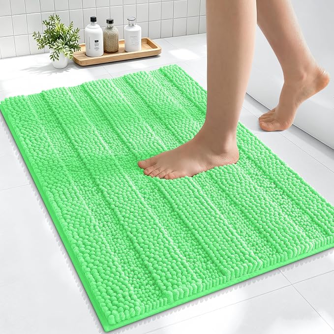 Smiry Thick Small Chenille Bathroom Rugs 24x16, Extra Soft Absorbent Striped Bath Mat, Machine Washable, Rubber Backing, Bath Rugs for Bathroom, Tub & Shower, Home Decor Accessories, Mint Green