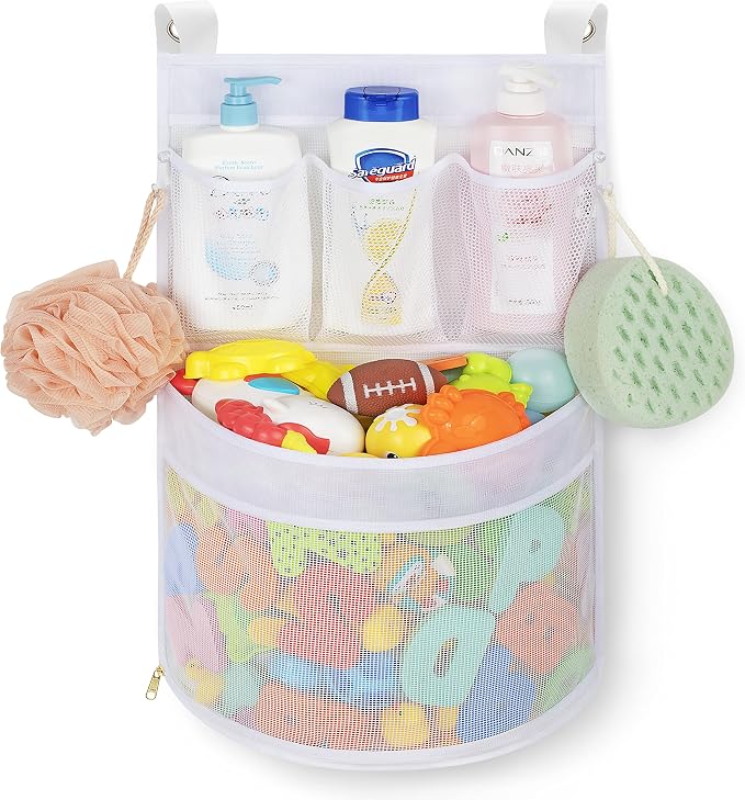 Ligereza Baby Bath Toy Organizer, quick drying， and mould proof, Multiple-Suspension Bath Toy Holder, Large Capacity Multi Use Bathtub Toy Storage Bag（1 Large, White）