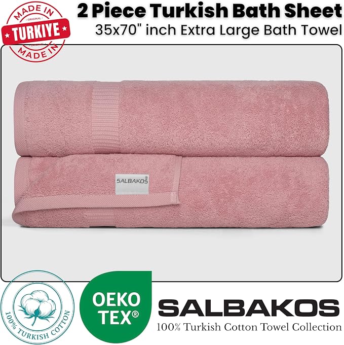 SALBAKOS 2-Piece 100% Turkish Cotton Extra Large Bath Towel 35x70 inch | Premium Hotel Quality Bath Sheet Towels | Thick, Soft, Absorbent, Oversized Bath & Beach Towels (Rose, 2 Bath Sheets)