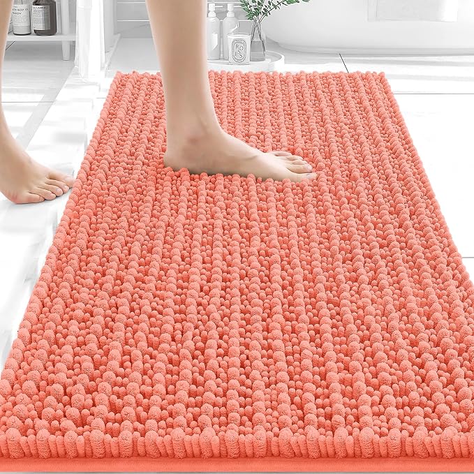 OLANLY Bathroom Rug Mat 34x21, Thick Soft and Absorbent Chenille Bath Mat, Non-Slip Rubber Backing, Machine Washable Quick Dry Bath Rugs for Tub Shower Floor, Home Decor Accessories, Coral