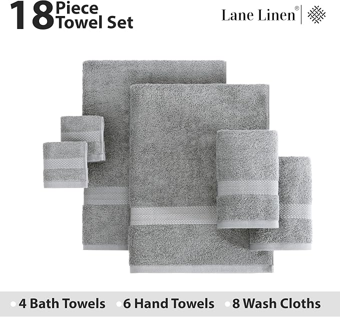 LANE LINEN 100% Cotton Towel Set for Bathroom - 18 Piece - Super Soft, Quick Dry & Highly Absorbent - 4 Bath, 8 Wash Cloth, 6 Hand Towels - Turkish Quality, Durable & Easy Care - Space Grey