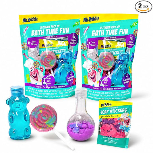 Mr. Bubble Ultimate Pack of Bath Time Fun 4 Favorites, Bath Potion, Bath Bomb, Soap Stickers, Bubble Bath (Pack of 2)