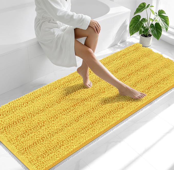 Smiry Thick Chenille Bathroom Runner Rugs 70x24, Absorbent Striped Bath Mat, Machine Washable, Rubber Backing, Extra Long Bath Rugs for Tub & Shower, Modern Home Decor Accessories, Yellow