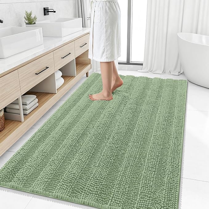 Smiry Thick Chenille Large Bathroom Rugs 59x35, Extra Soft Absorbent Striped Bath Mat, Machine Washable, Rubber Backing, Bath Rugs for Bathroom, Tub & Shower, Home Decor Accessories, Sage Green