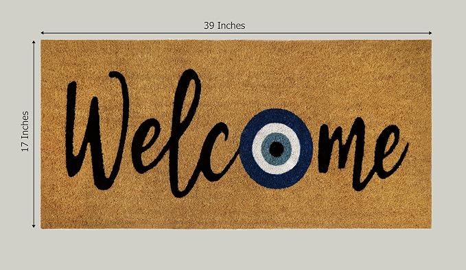 Croft&Cane Welcome Doormat – Extra Wide 17x39 Evil Eye Non Slip Natural Coco Coir Door Mat – Dirt Trapping Indoor Outdoor Large Entryway Rug for Wide Doorways Patio Porch High Traffic Areas