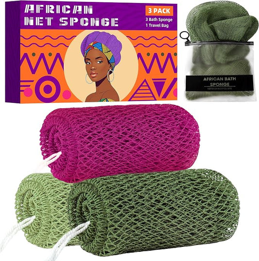 African Net Sponge Authentic, 3 Pieces Exfoliating Scrubber Bath Sponge for All Skin Types, Back Scrubber Loofah Washcloth for Shower, Gentle Exfoliation (Dark Green,Light Green,Rose Red)